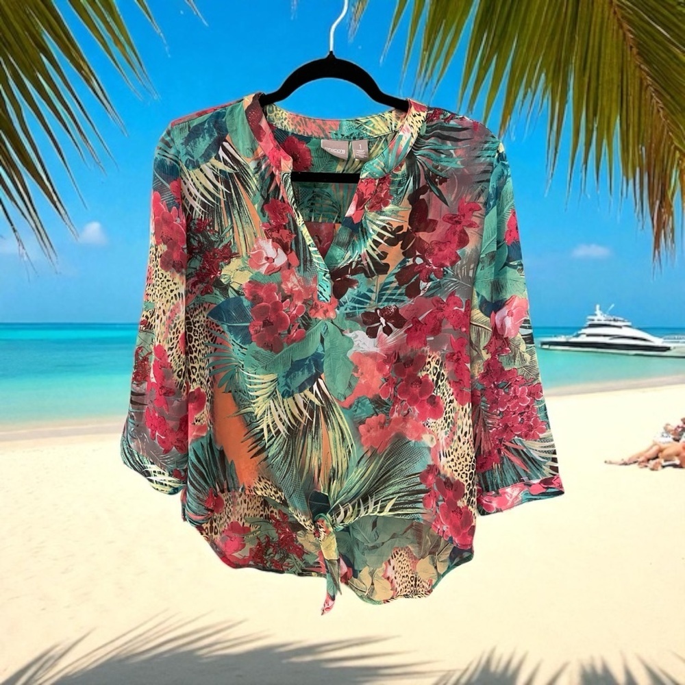 Chico’s Sheer Blouse, Size 1 (M/8), Pink & Green Multi-Colored, 3/4 Sleeves.